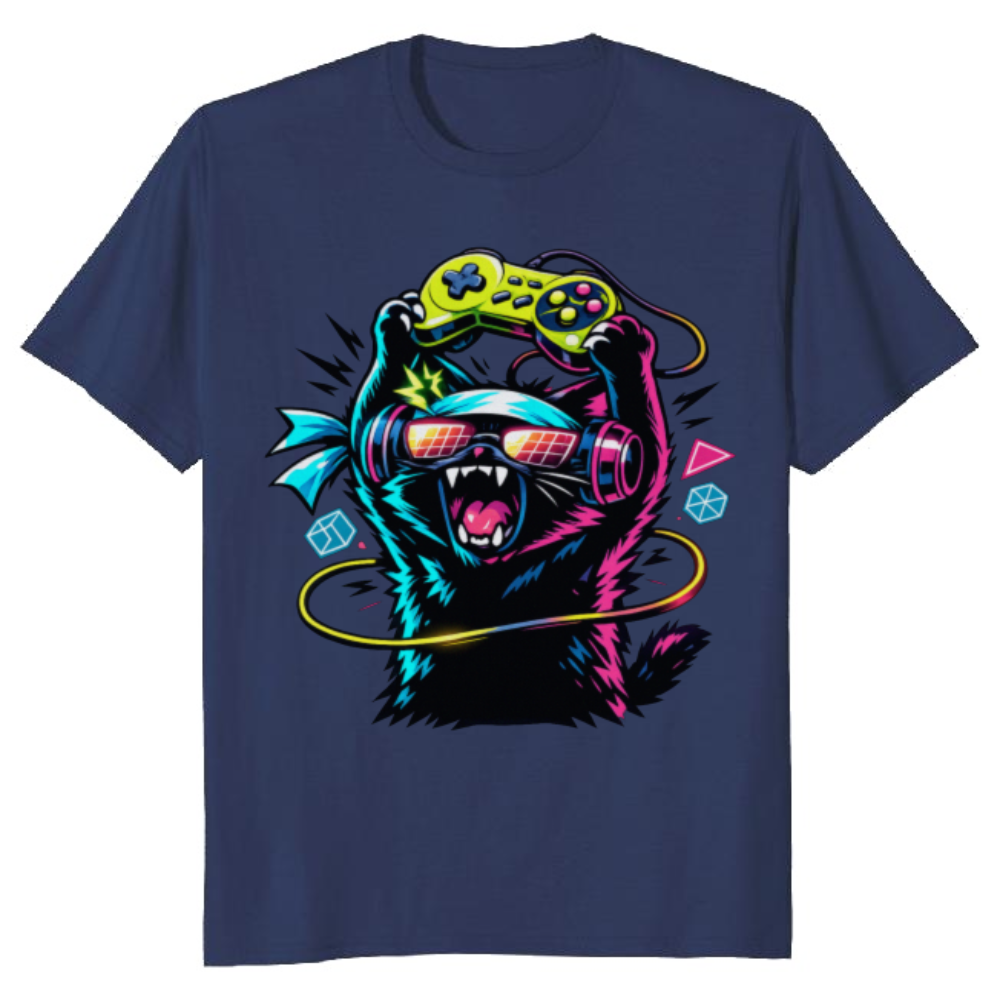 Anime Otaku Cat Graphic T-Shirt - Gift for Synthwave Gamers
