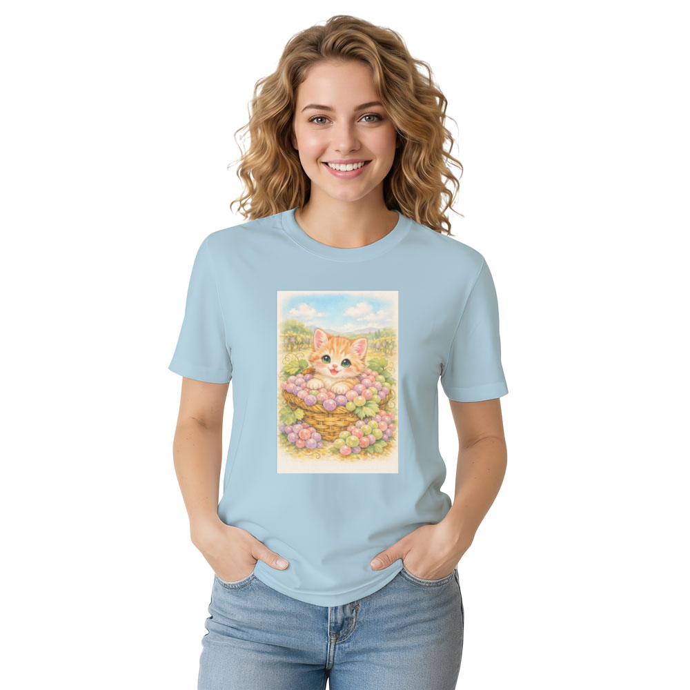 Vintage Pastel Kitten in a Grape Basket Illustration T-Shirt