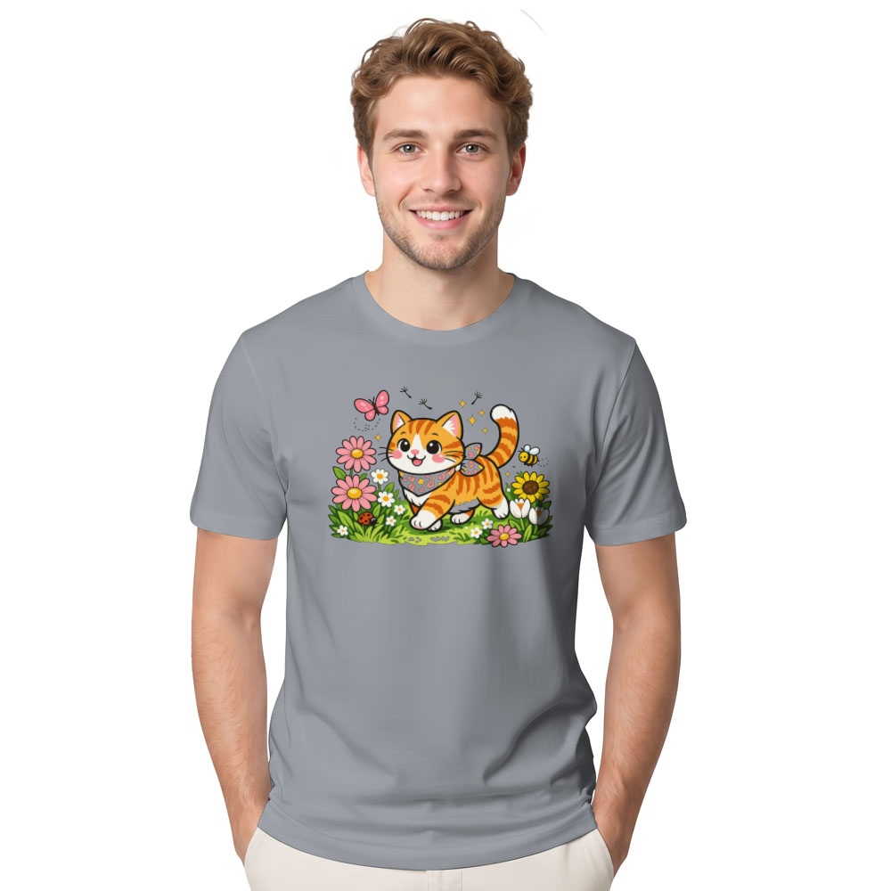 Whimsical Tabby Cat Strolling Through a Floral Meadow Graphic T-Shirt
