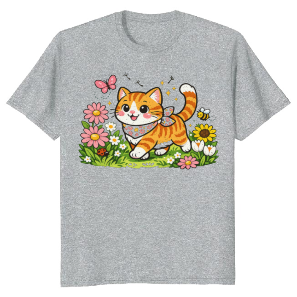 Cheerful Tabby Cat T-Shirt - Cottagecore Floral Gift for Cat Lovers