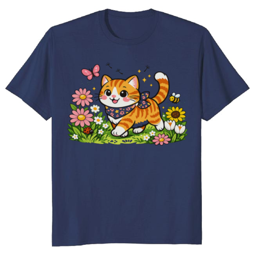 Cheerful Tabby Cat T-Shirt - Cottagecore Floral Gift for Cat Lovers