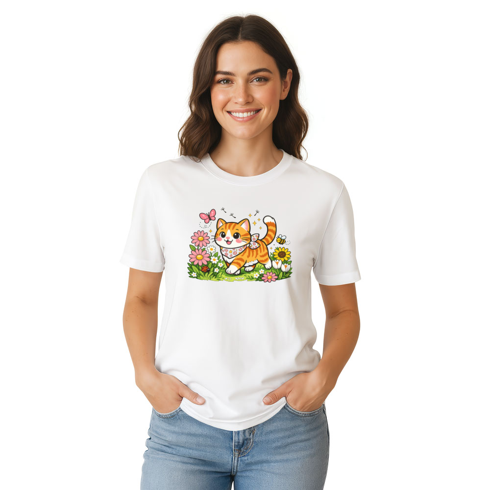 Whimsical Tabby Cat Strolling Through a Floral Meadow Graphic T-Shirt