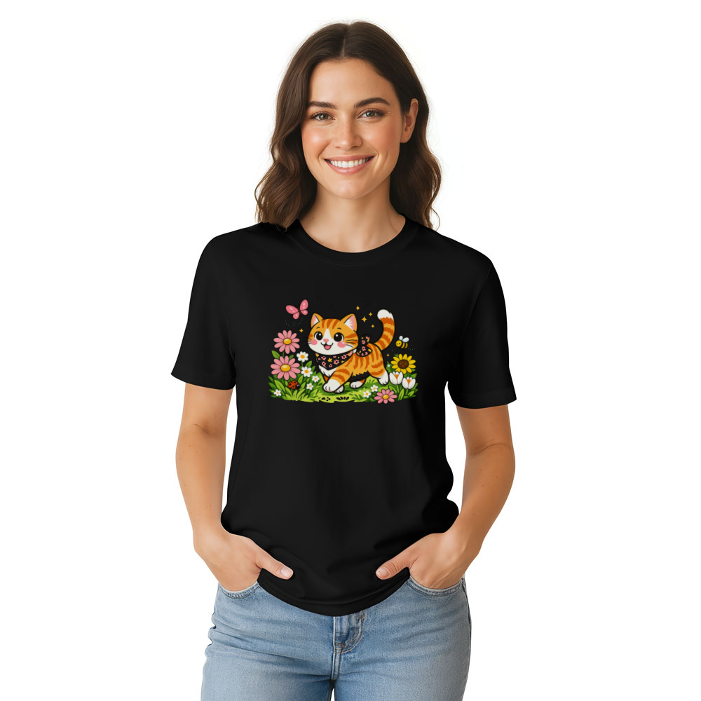 Whimsical Tabby Cat Strolling Through a Floral Meadow Graphic T-Shirt