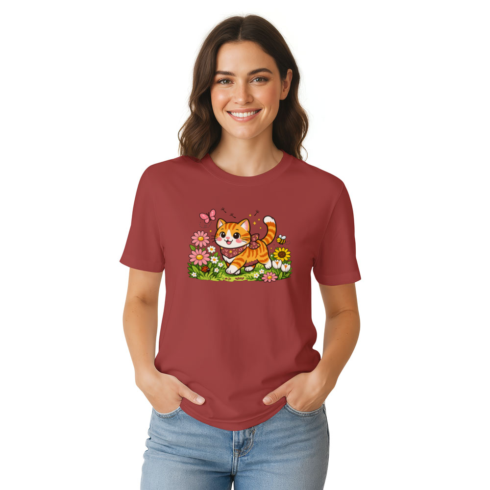 Whimsical Tabby Cat Strolling Through a Floral Meadow Graphic T-Shirt