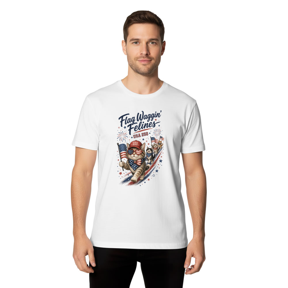 Patriotic Cat USA 250, 4th Of July Kitten, American Flag Fireworks, Independence Day, Funny Cat Lover Gift T-Shirt