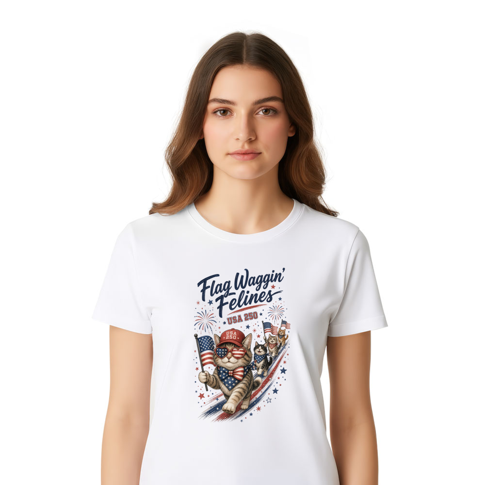 Patriotic Cat USA 250, 4th Of July Kitten, American Flag Fireworks, Independence Day, Funny Cat Lover Gift T-Shirt