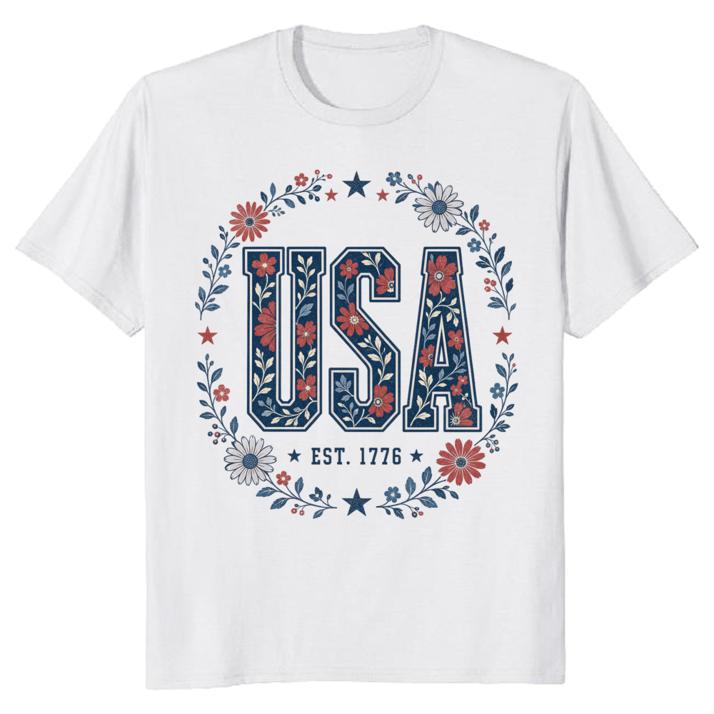 USA Botanical Flower Pattern Graphic T-Shirt