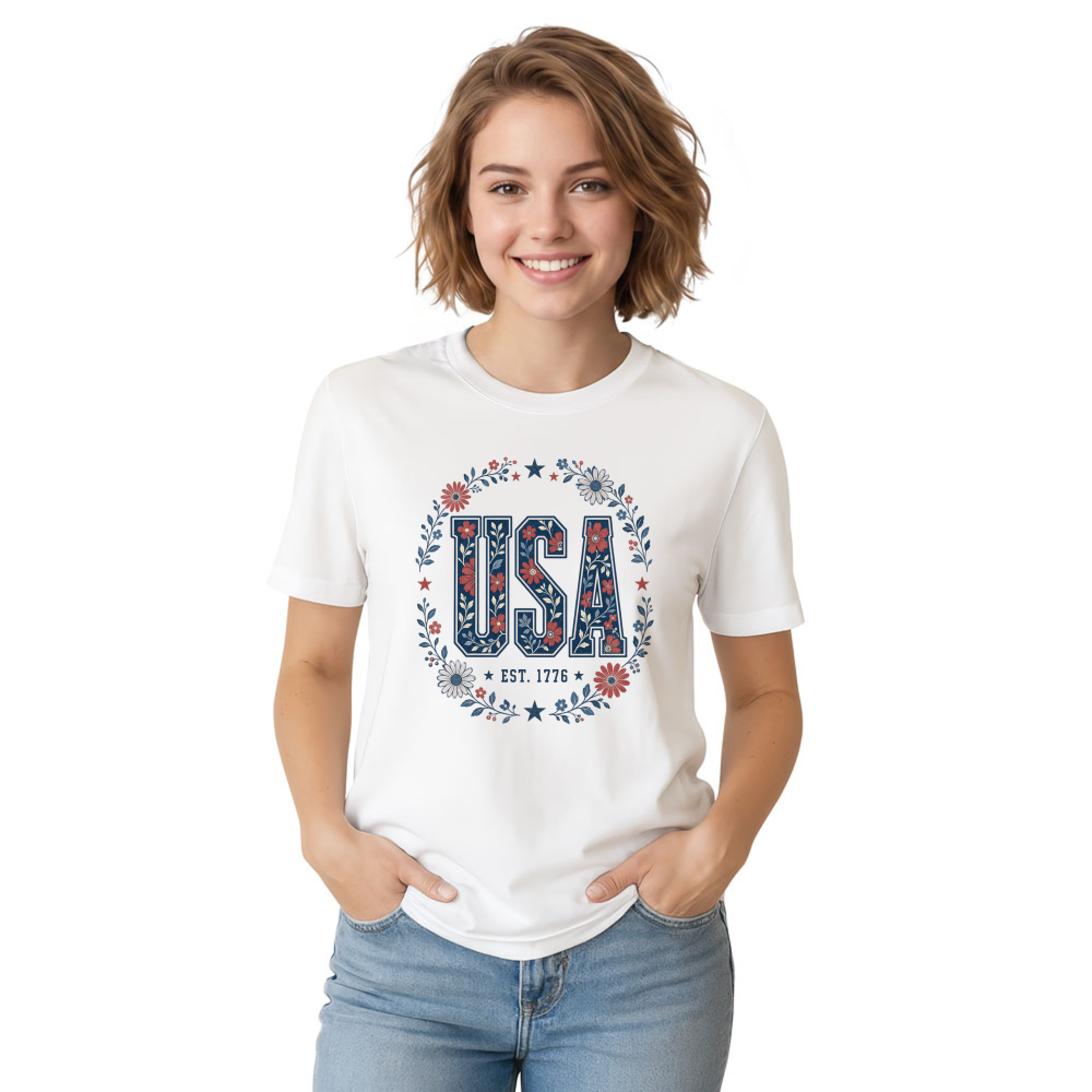 USA Floral Pattern T-Shirt - Patriotic Celebration Gift