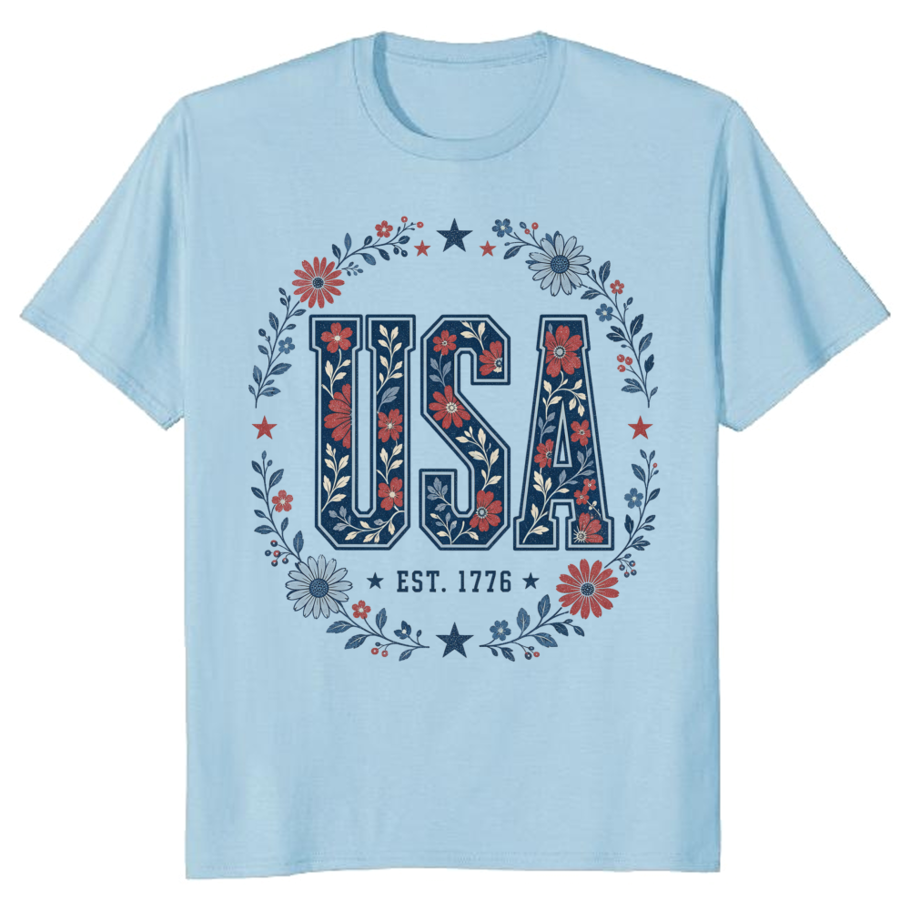 USA Floral Pattern T-Shirt - Patriotic Celebration Gift