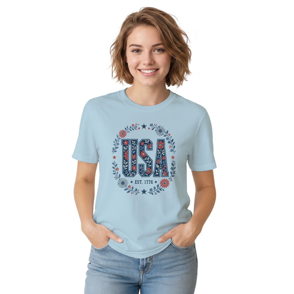 USA Floral Pattern T-Shirt - Patriotic Celebration Gift