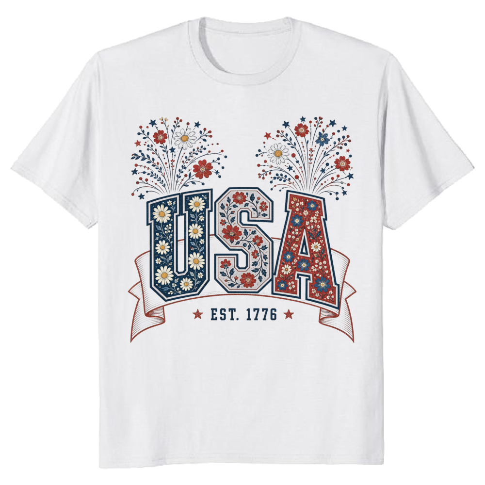 USA Flower Pattern T-Shirt - Patriotic Gift for America Lovers