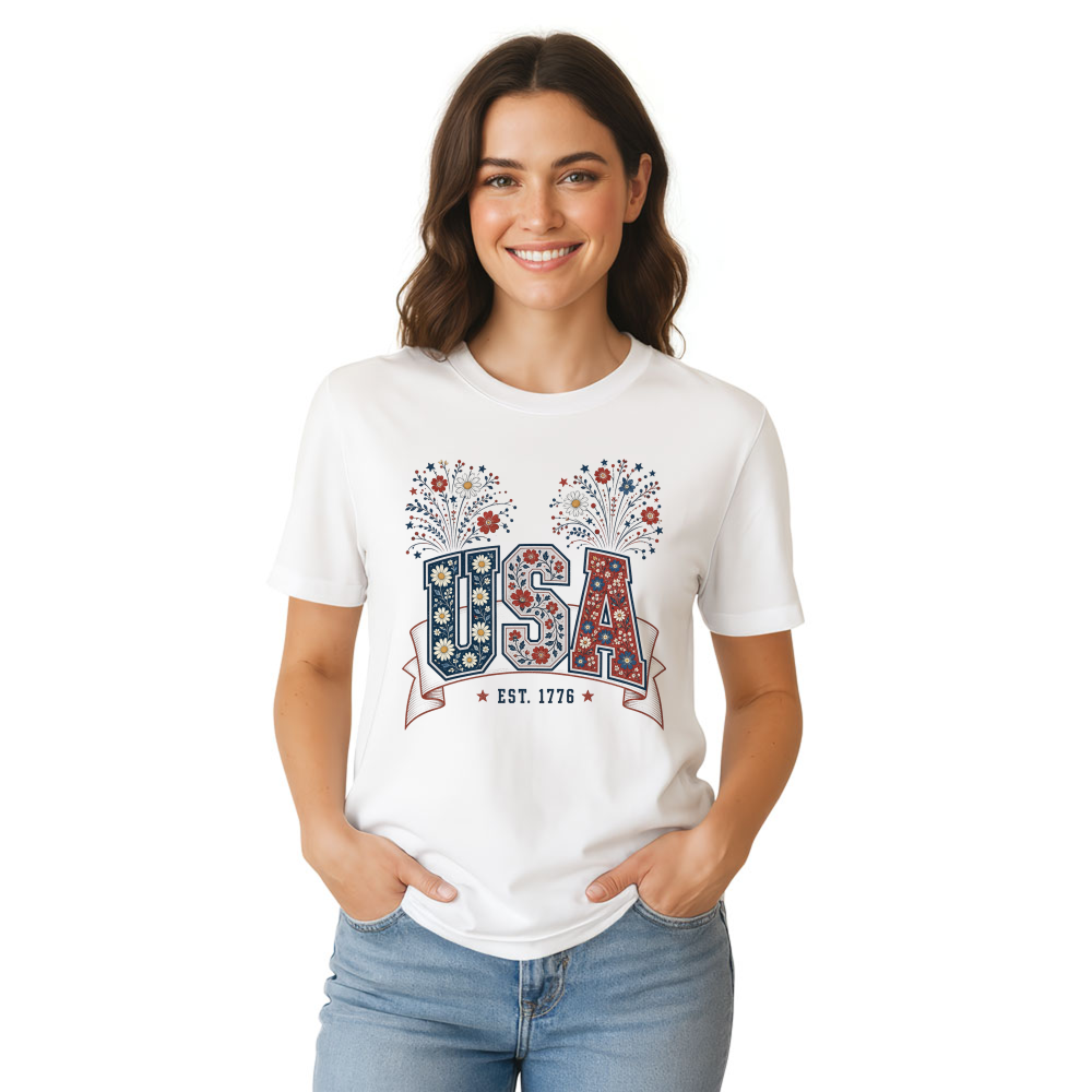 USA Flower Pattern T-Shirt - Patriotic Gift for America Lovers