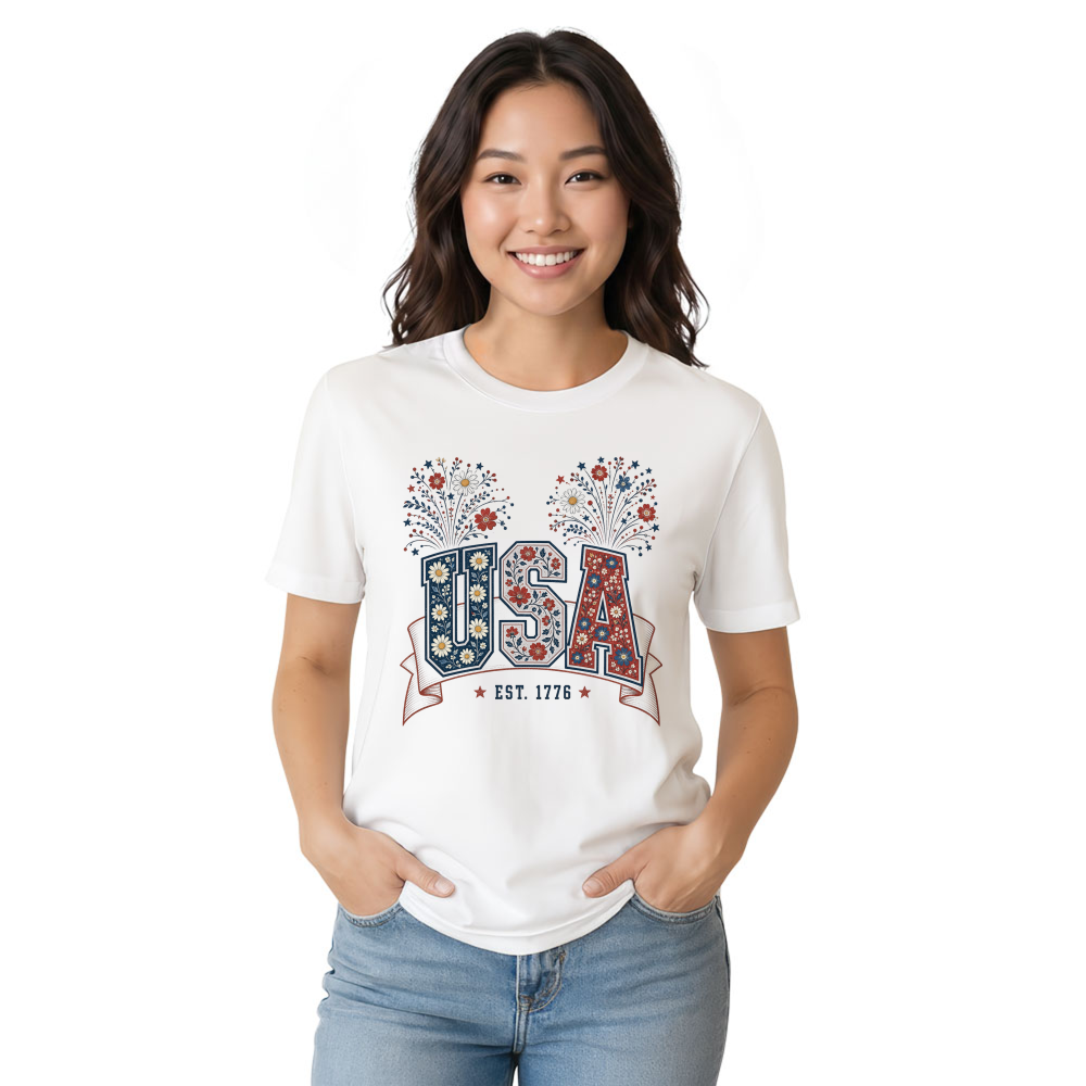 USA Flower Pattern T-Shirt - Patriotic Gift for America Lovers