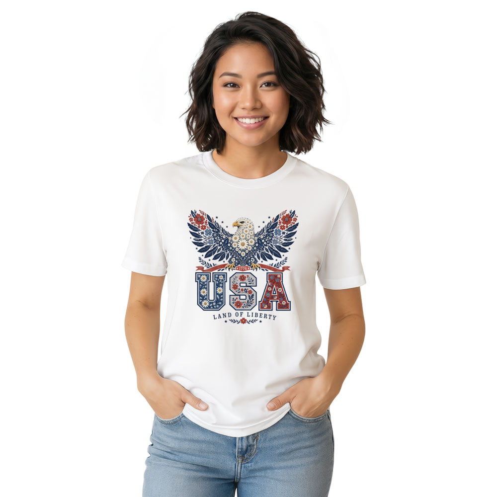 USA Floral Pattern T-Shirt - Patriotic Gift for Flower Lovers