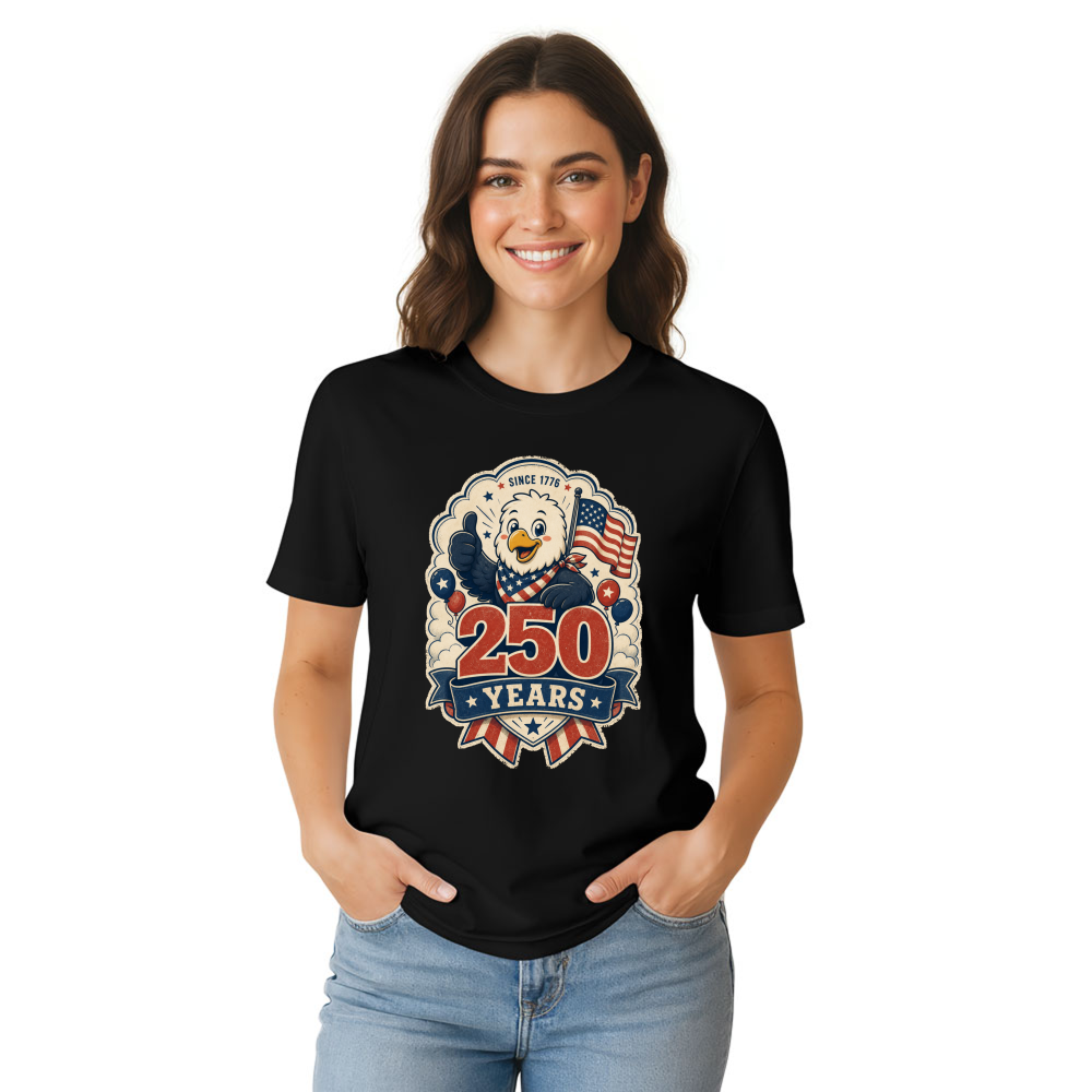 Cute Cartoon Bald Eagle Merica USA 4th Of July American Flag Patriotic Funny 250 Years Still Free Stars Stripes T-Shirt
