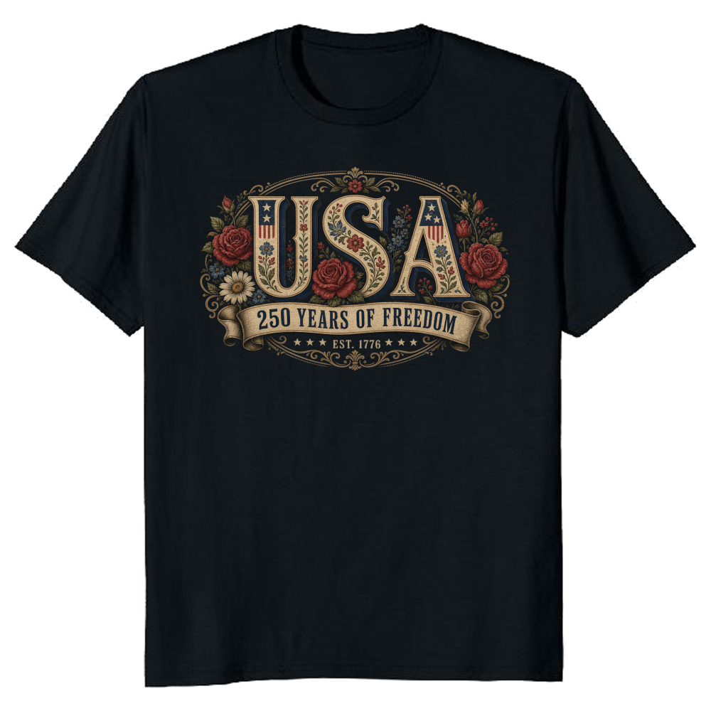 USA Flower Pattern T-Shirt - Patriotic Gift for Floral Art Lovers