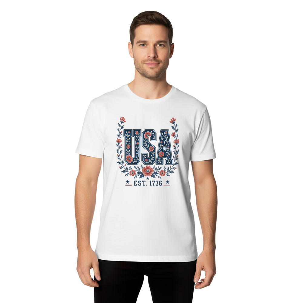 USA Flower Pattern T-Shirt - Independence Day Celebration Gift