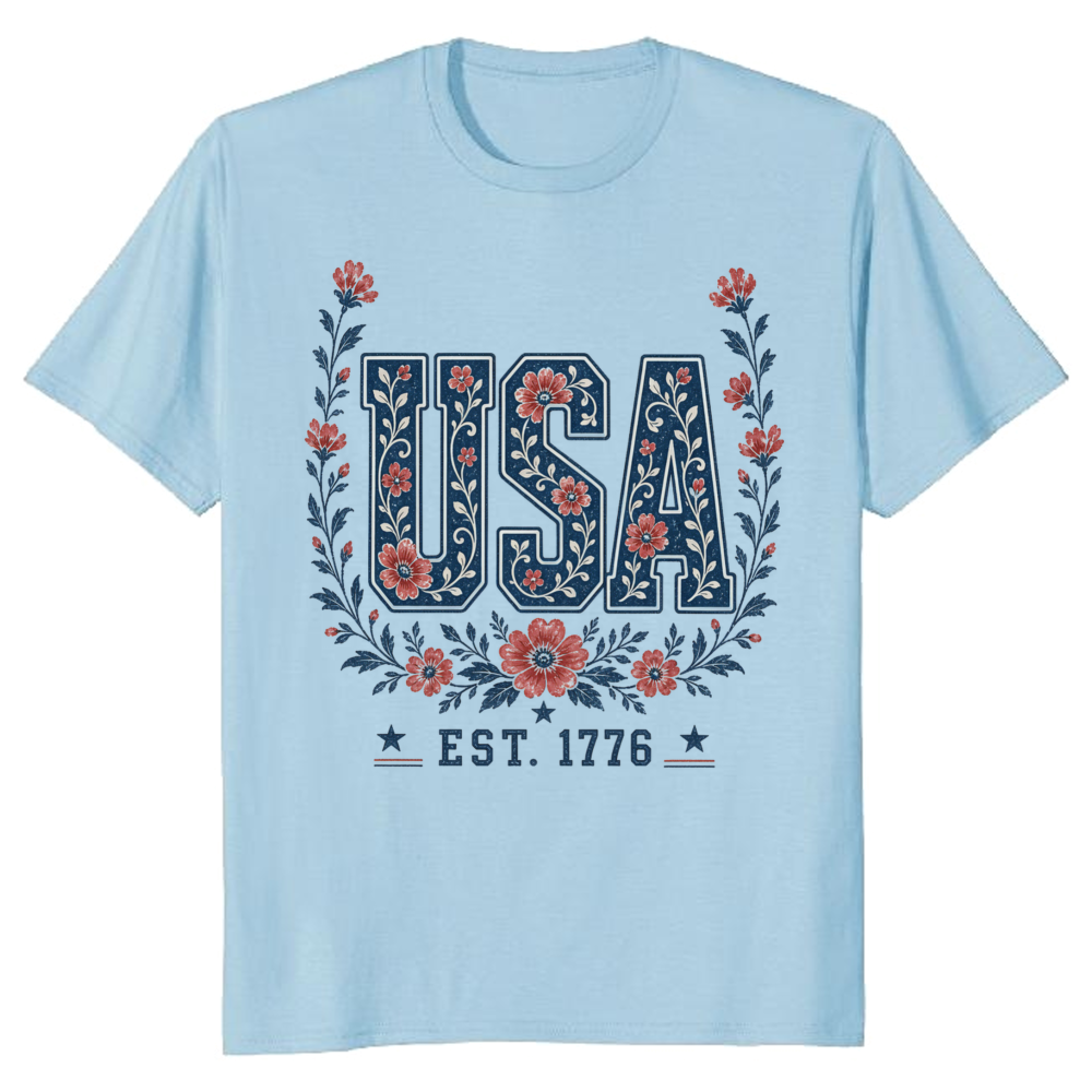 USA Flower Pattern T-Shirt - Independence Day Celebration Gift