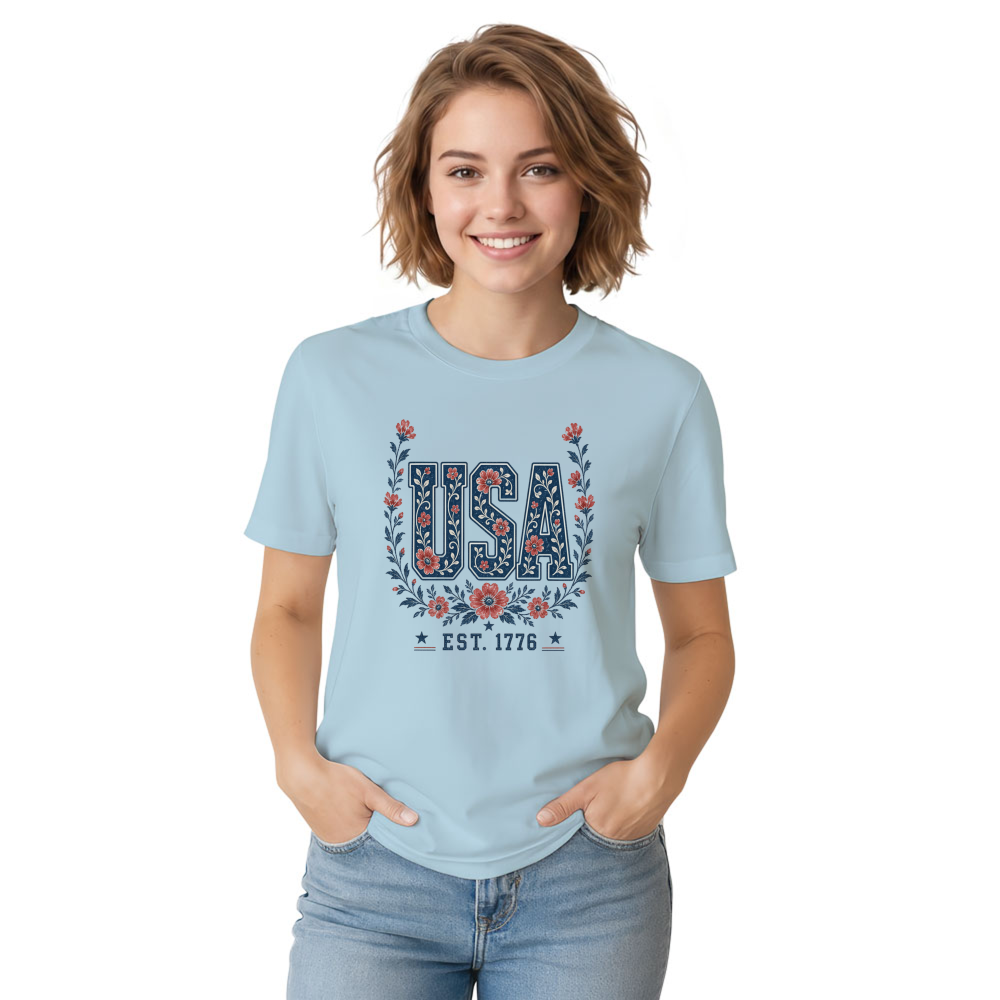 USA Flower Pattern T-Shirt - Independence Day Celebration Gift