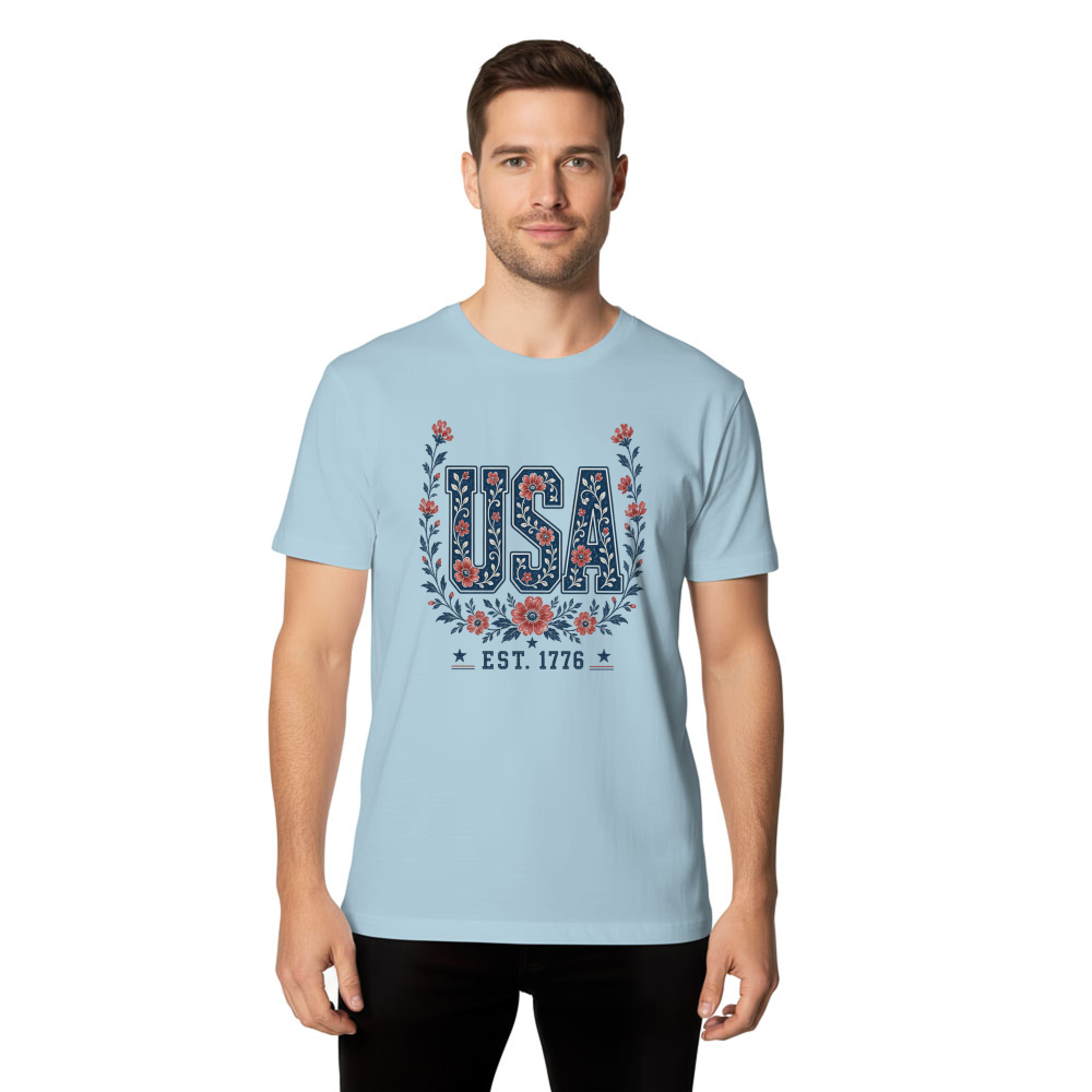 USA Flower Pattern T-Shirt - Independence Day Celebration Gift