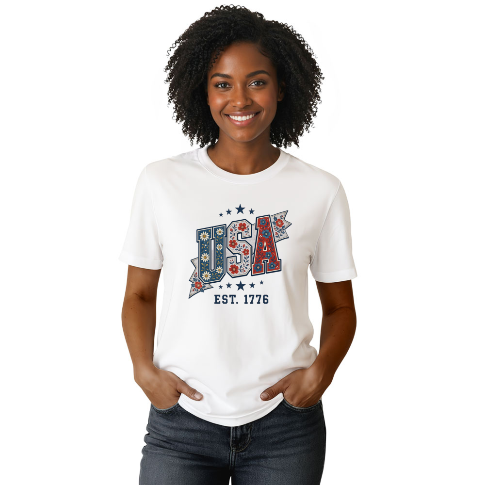 USA Flower Pattern T-Shirt - Patriotic Floral Celebration Shirt