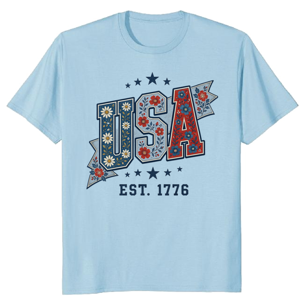 USA Flower Pattern T-Shirt - Patriotic Floral Celebration Shirt