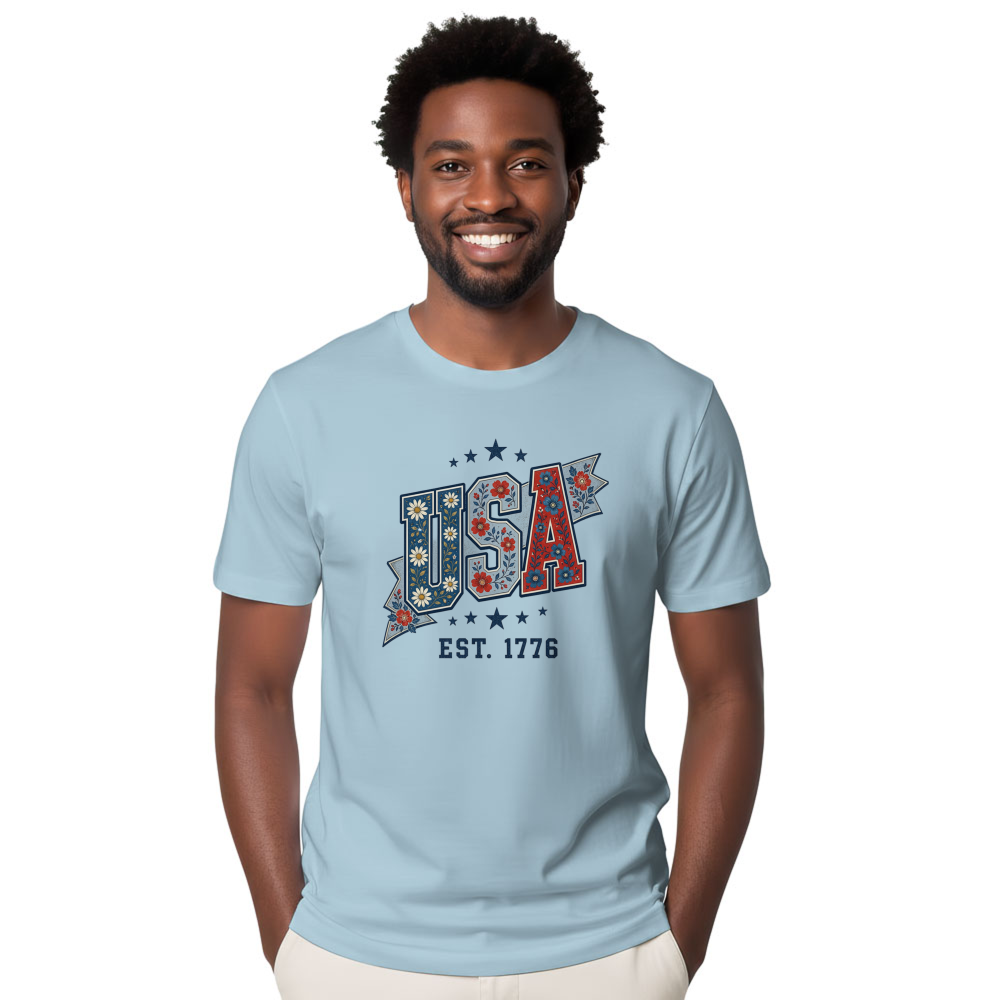 USA Flower Pattern T-Shirt - Patriotic Floral Celebration Shirt