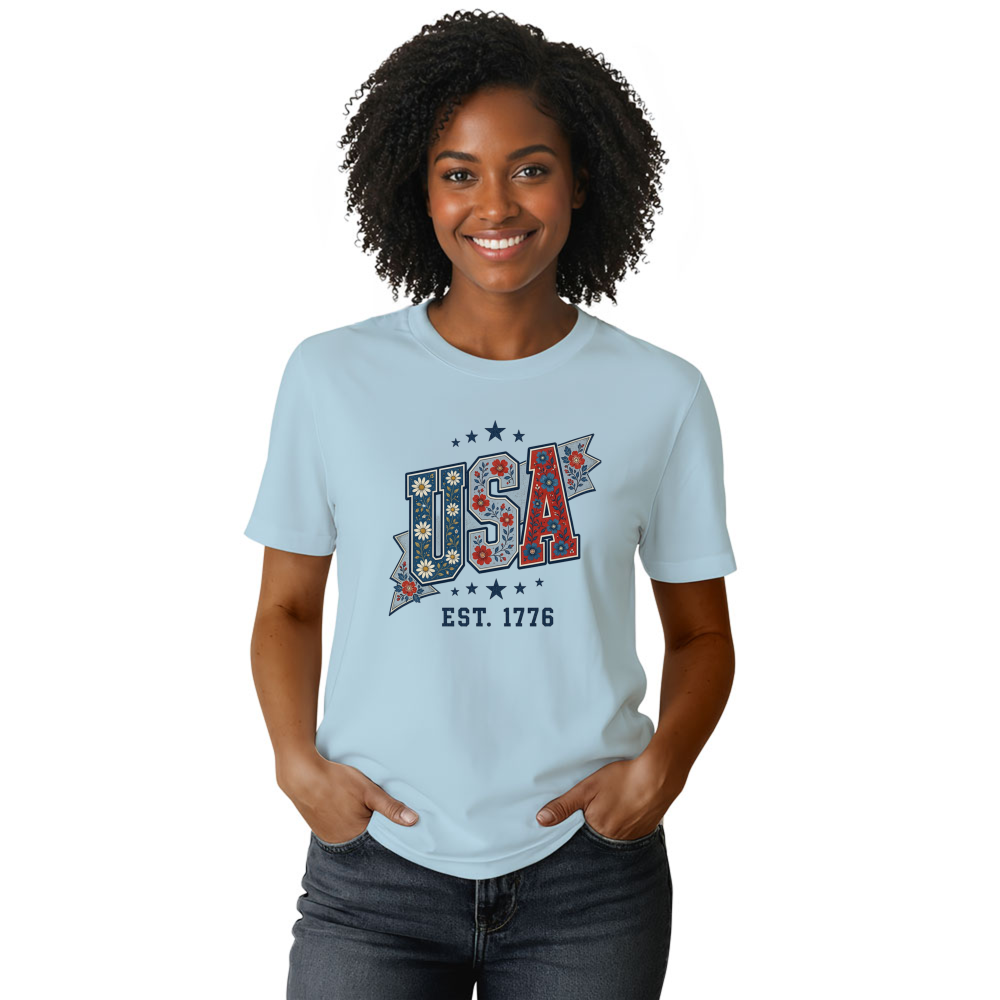 USA Flower Pattern T-Shirt - Patriotic Floral Celebration Shirt