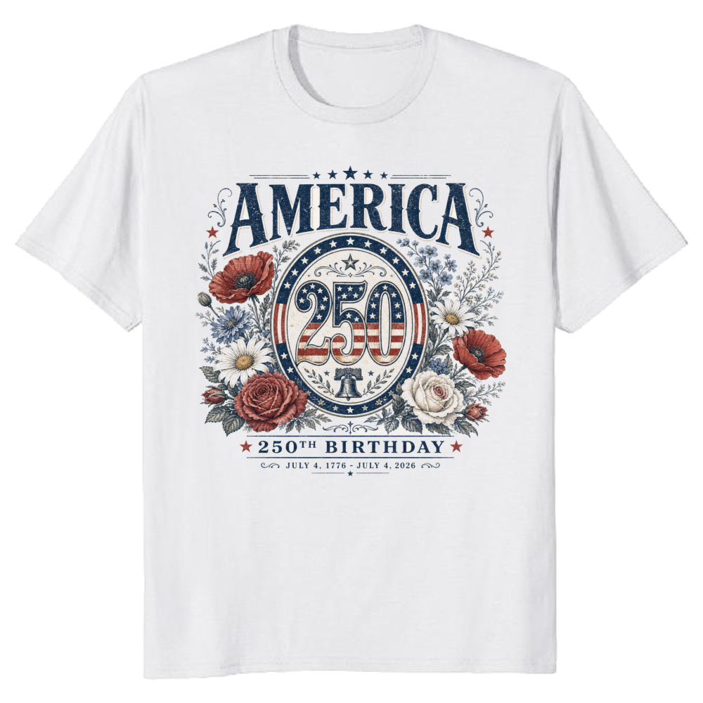 Patriotic 250 Years of Freedom Floral T-Shirt - USA 250th Anniversary Gift