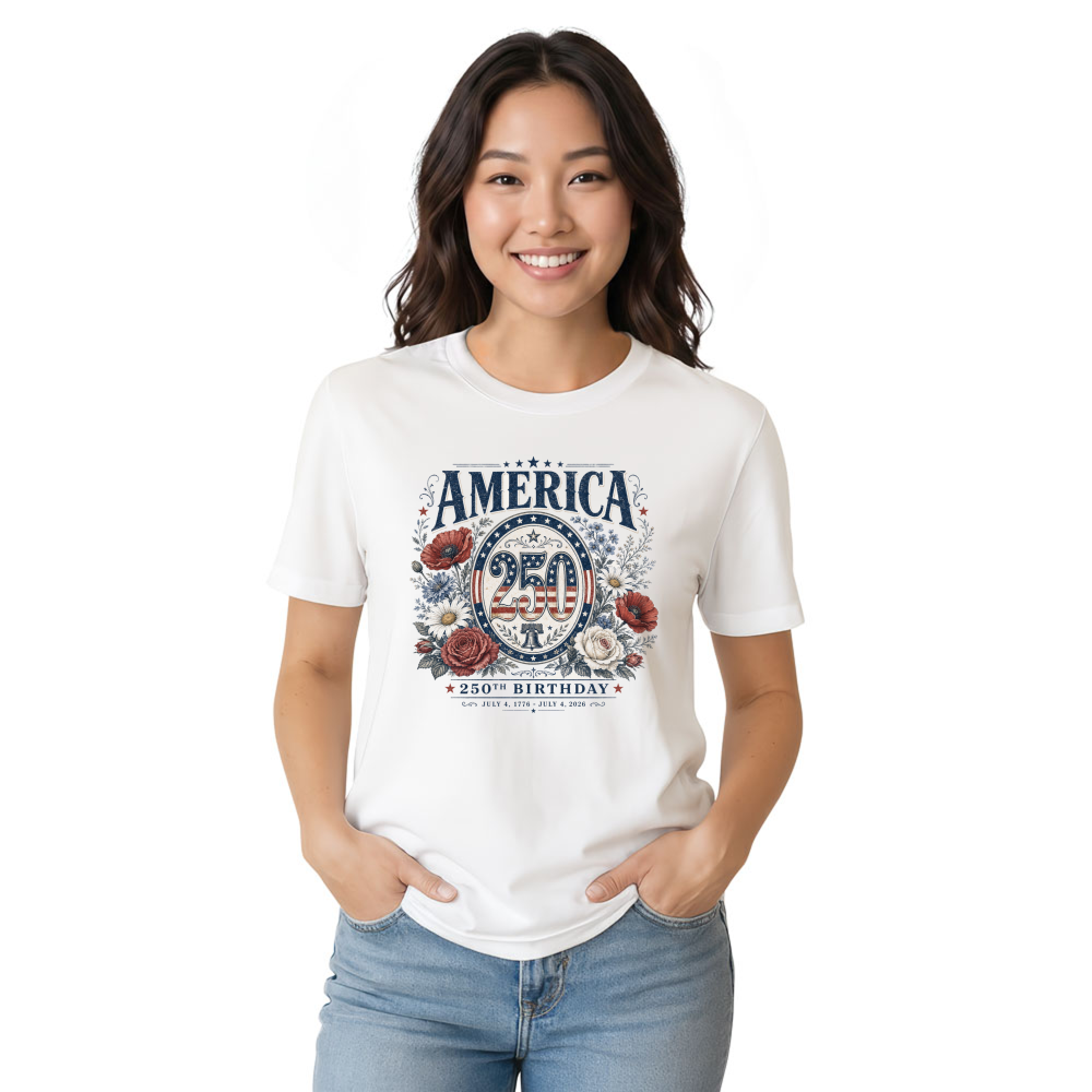 Patriotic 250 Years of Freedom Floral T-Shirt - USA 250th Anniversary Gift