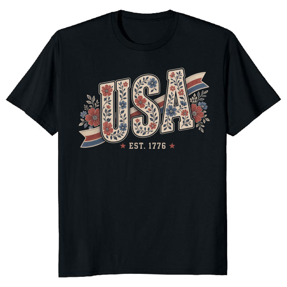 USA Flower Pattern T-Shirt - July 4th Celebration Shirt