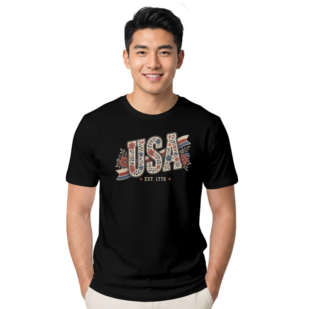 USA Flower Pattern T-Shirt - July 4th Celebration Shirt