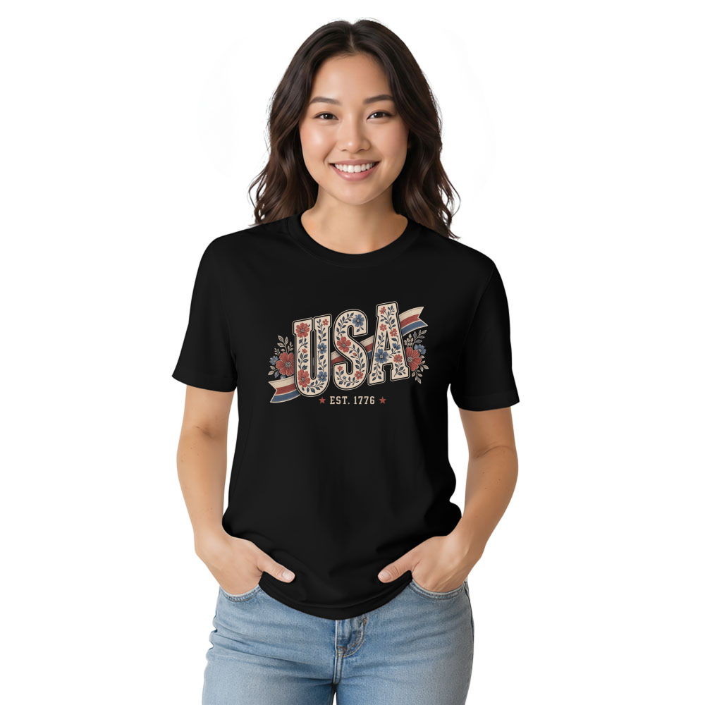 USA Flower Pattern T-Shirt - July 4th Celebration Shirt