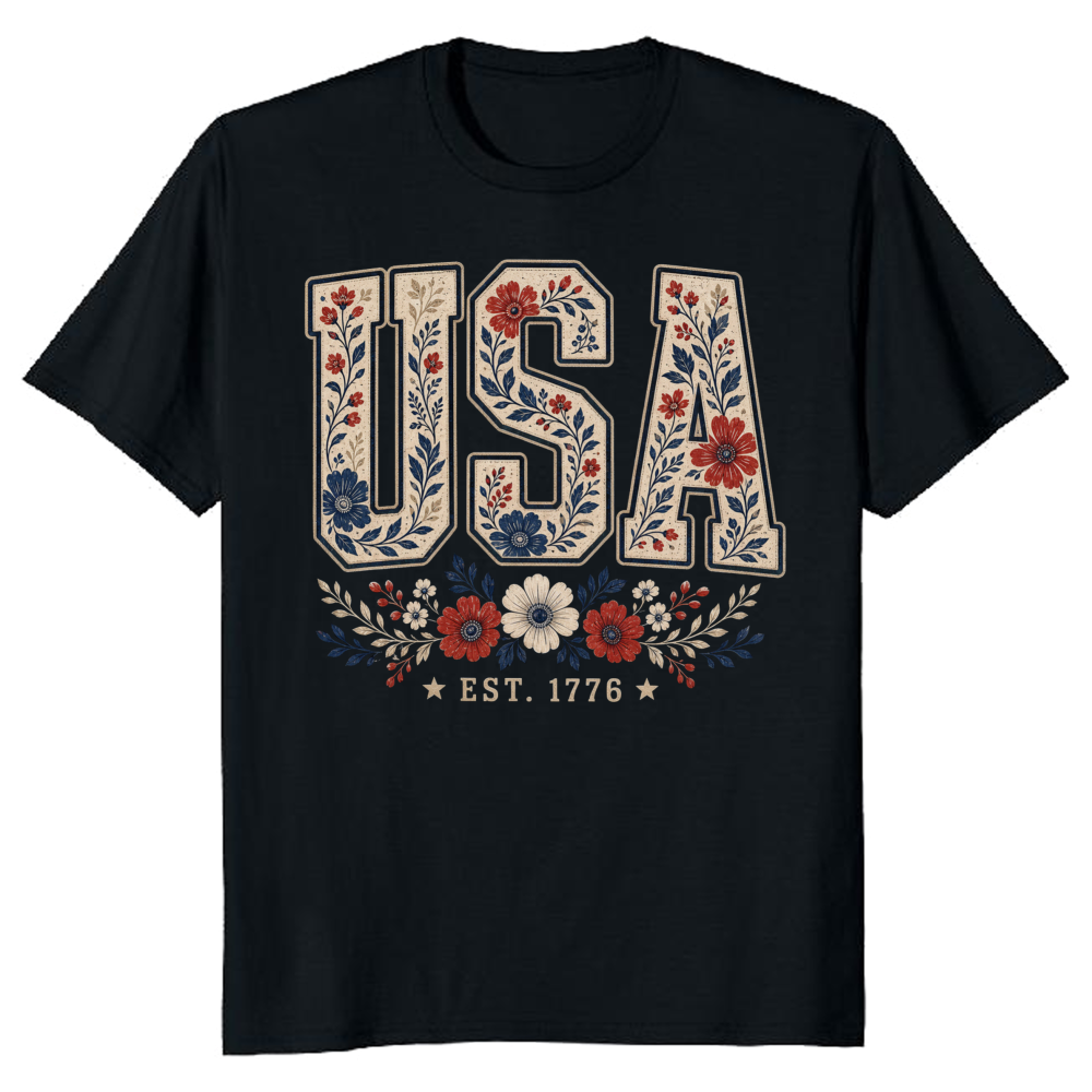 USA Flower Pattern T-Shirt - Independence Day Celebration Gift