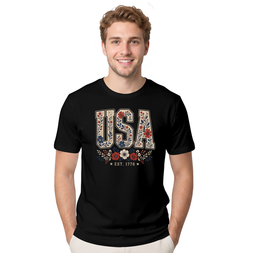 USA Flower Pattern T-Shirt - Independence Day Celebration Gift