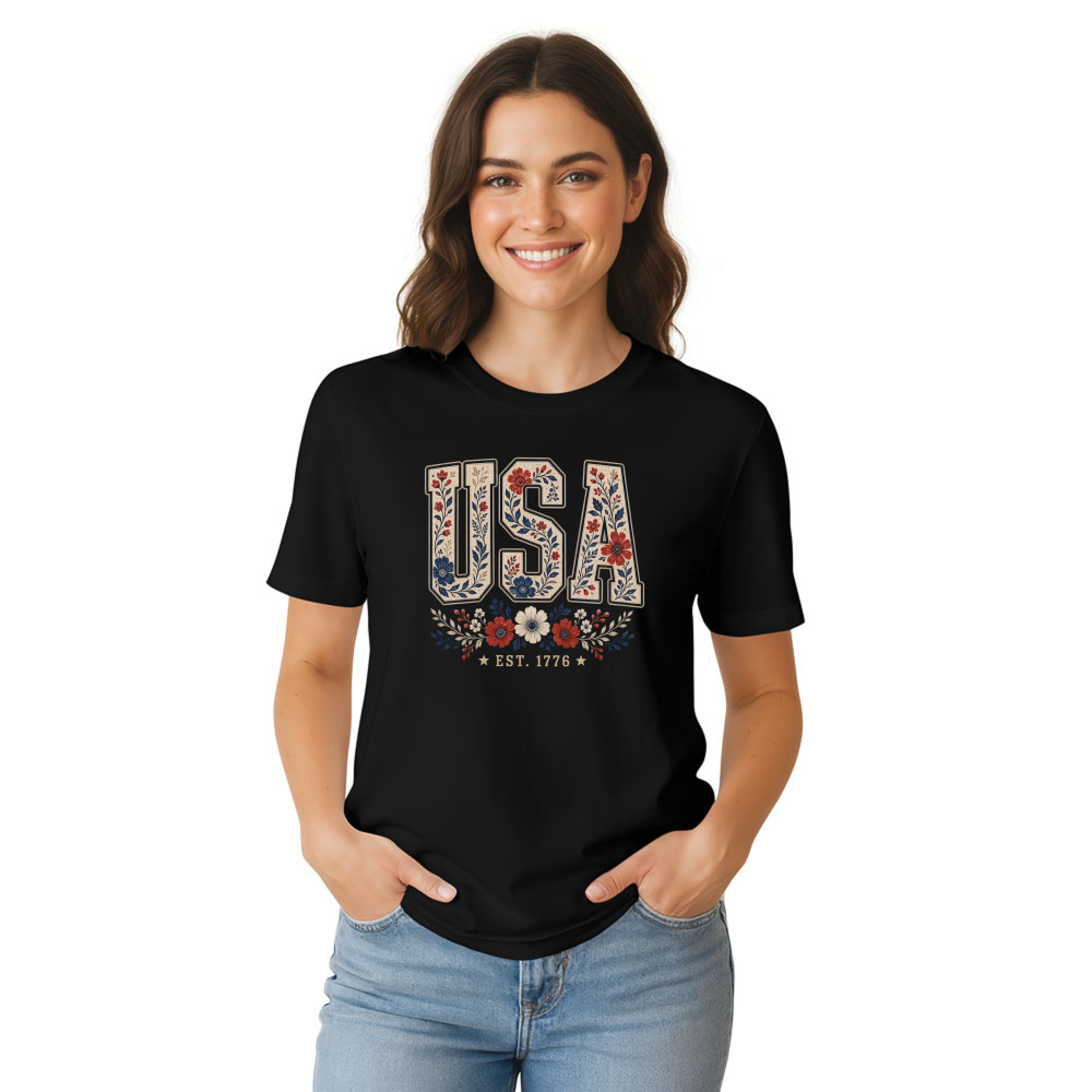 USA Flower Pattern T-Shirt - Independence Day Celebration Gift