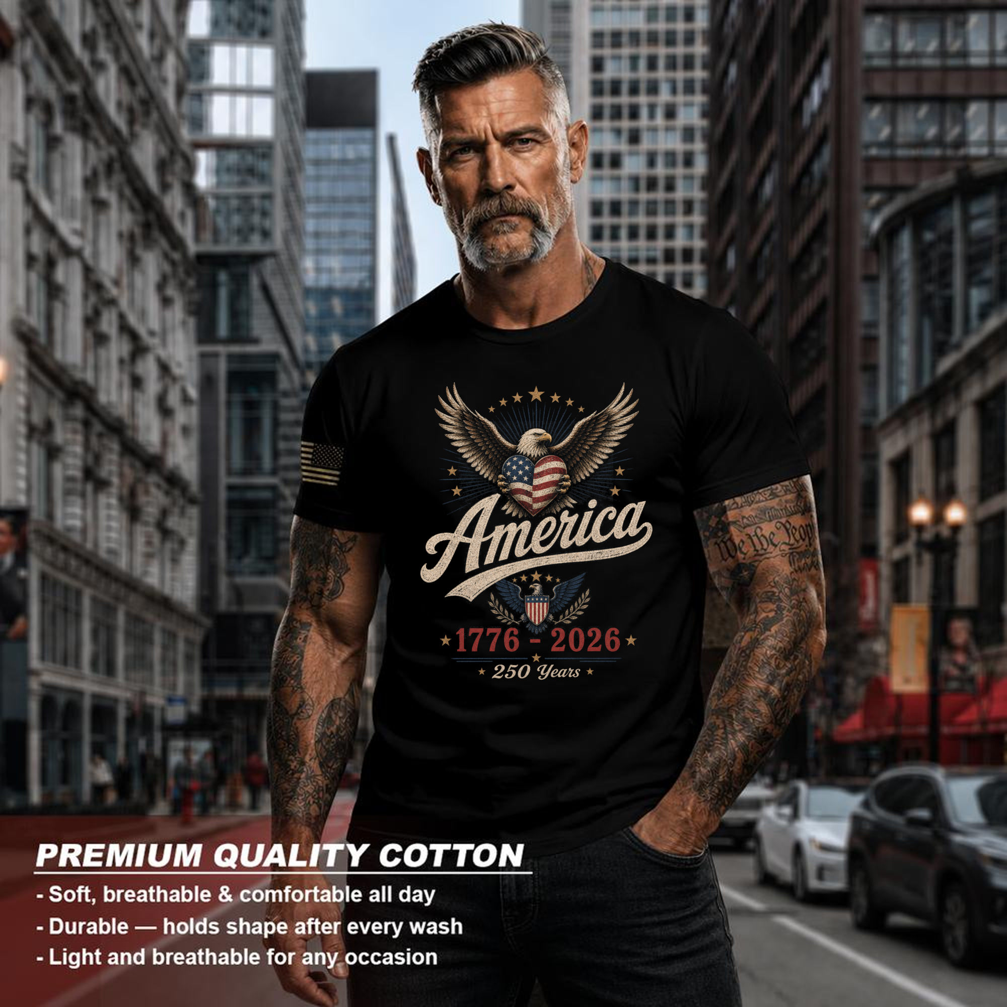 Patriotic 250th Anniversary Decorated American Flag Graphic T-Shirt