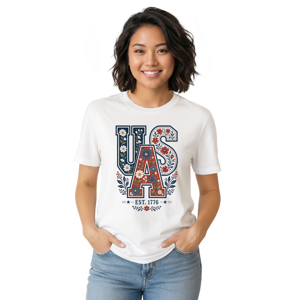 Floral USA Lettering Pattern Graphic T-Shirt