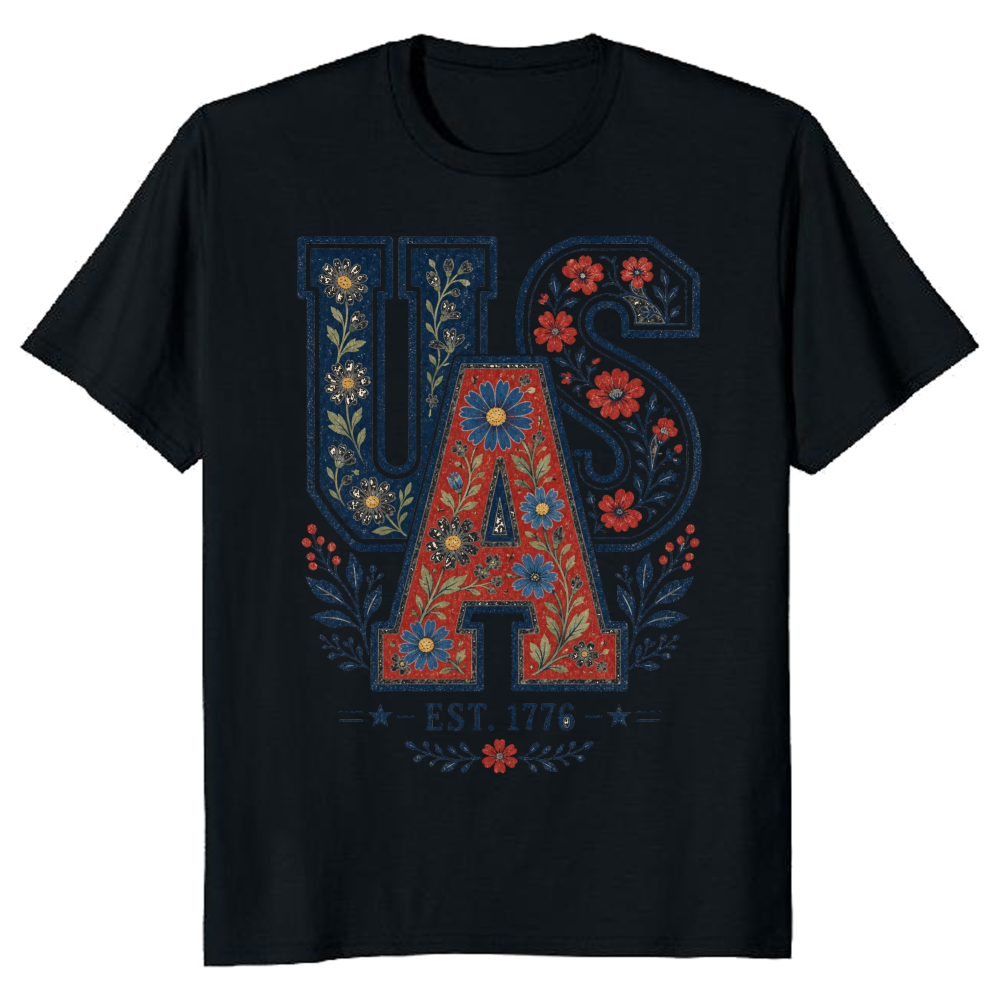 Floral USA Lettering Pattern Graphic T-Shirt