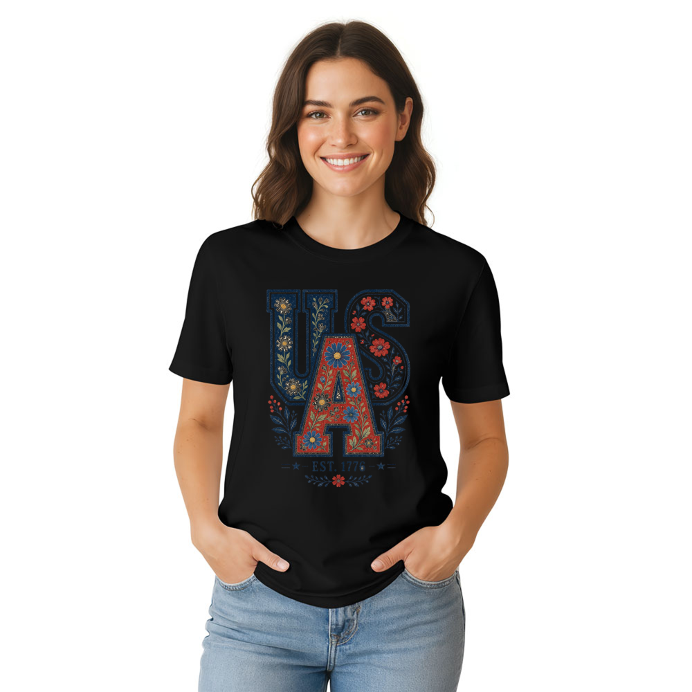 Floral USA Lettering Pattern Graphic T-Shirt
