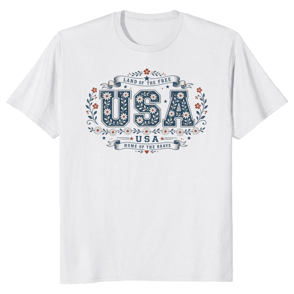 USA Floral Pattern T-Shirt - Patriotic Gift for Flower Lovers