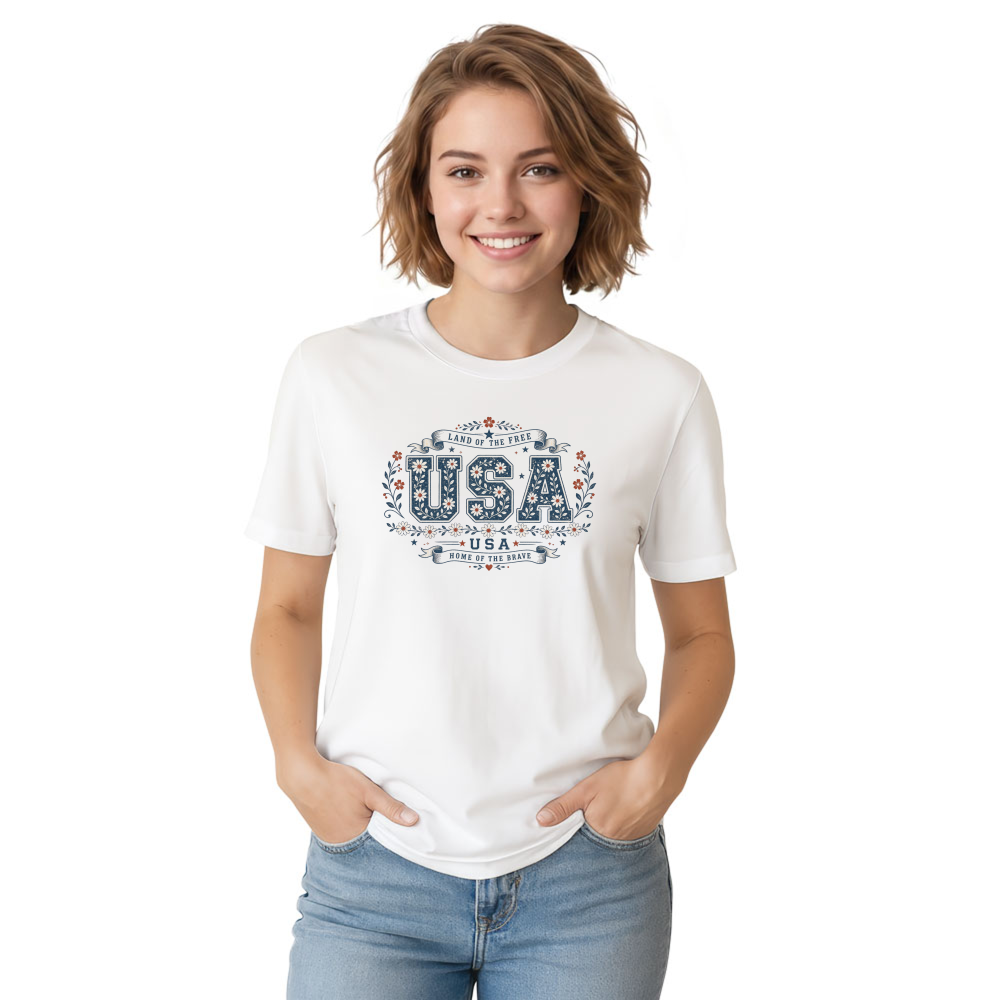 USA Floral Pattern T-Shirt - Patriotic Gift for Flower Lovers