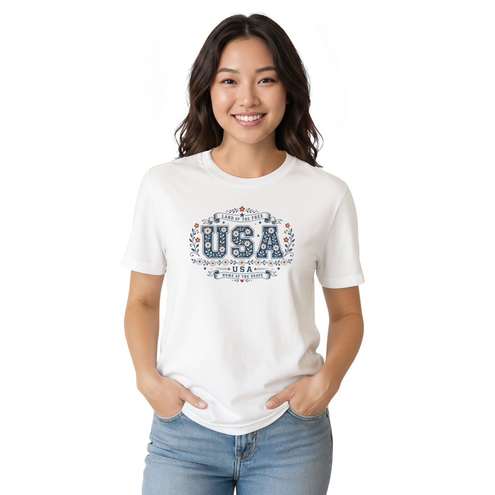 USA Floral Pattern T-Shirt - Patriotic Gift for Flower Lovers