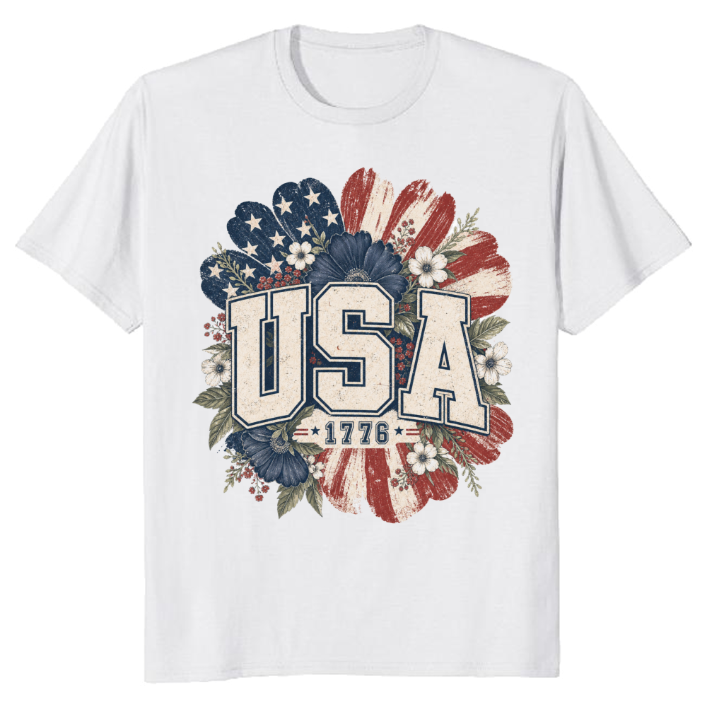 USA Floral Lettering Flower Pattern Graphic T-Shirt