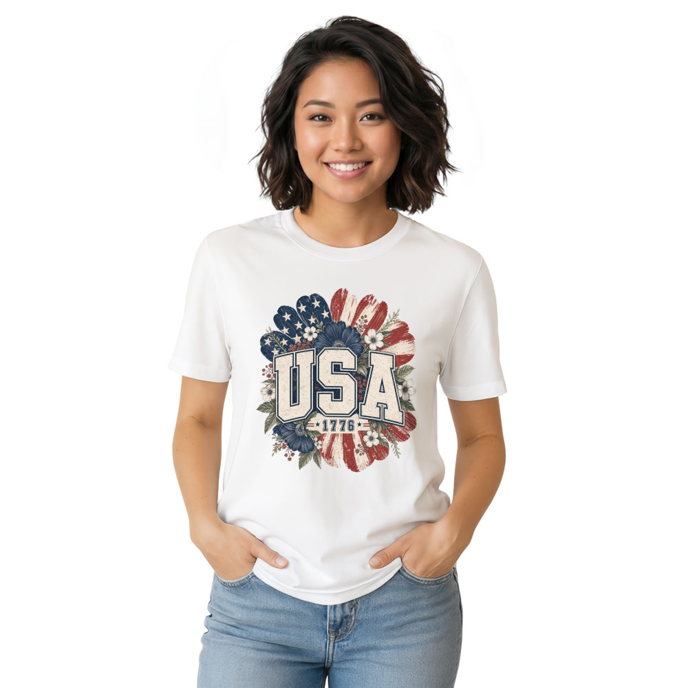 USA Floral Pattern T-Shirt - Patriotic Gift for America Lovers