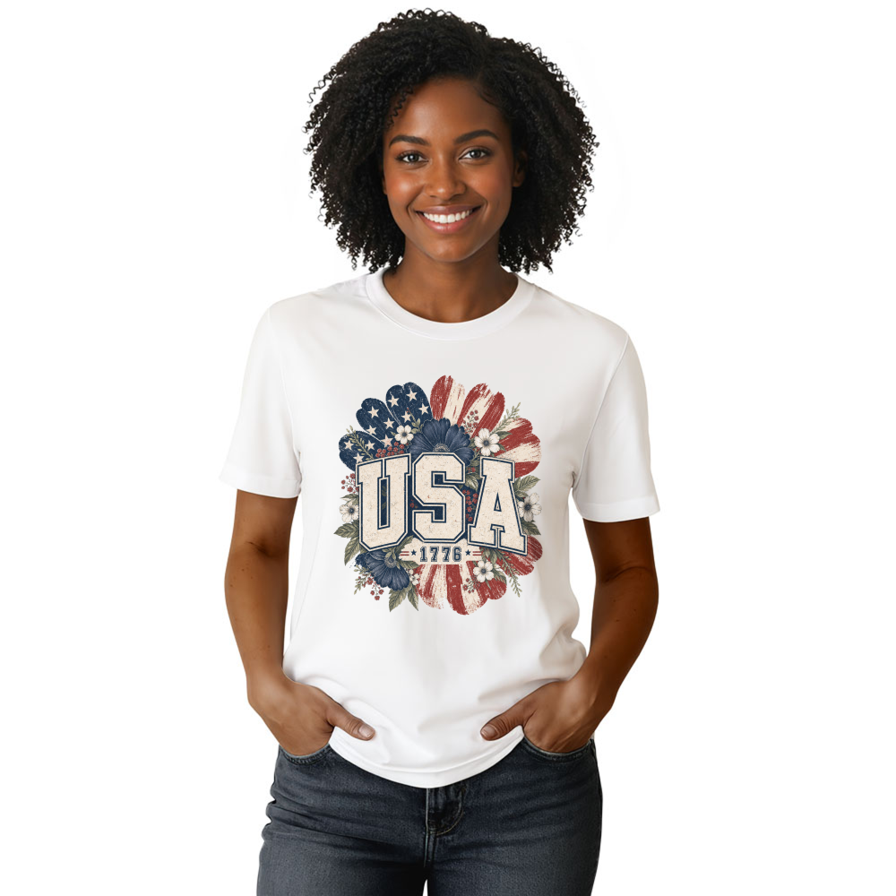 USA Floral Pattern T-Shirt - Patriotic Gift for America Lovers