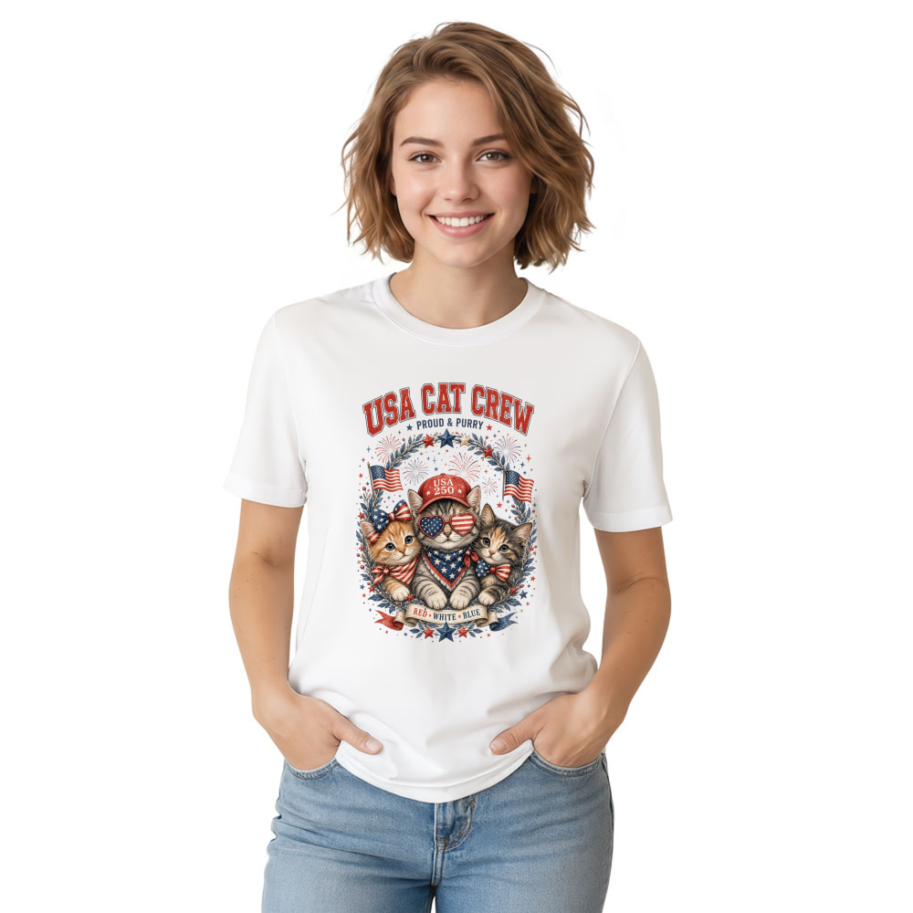 Patriotic Cat Wearing Flag Bandana, July 4th Kitten, USA 250 Anniversary, Fireworks Meowica Cat Lover T-Shirt