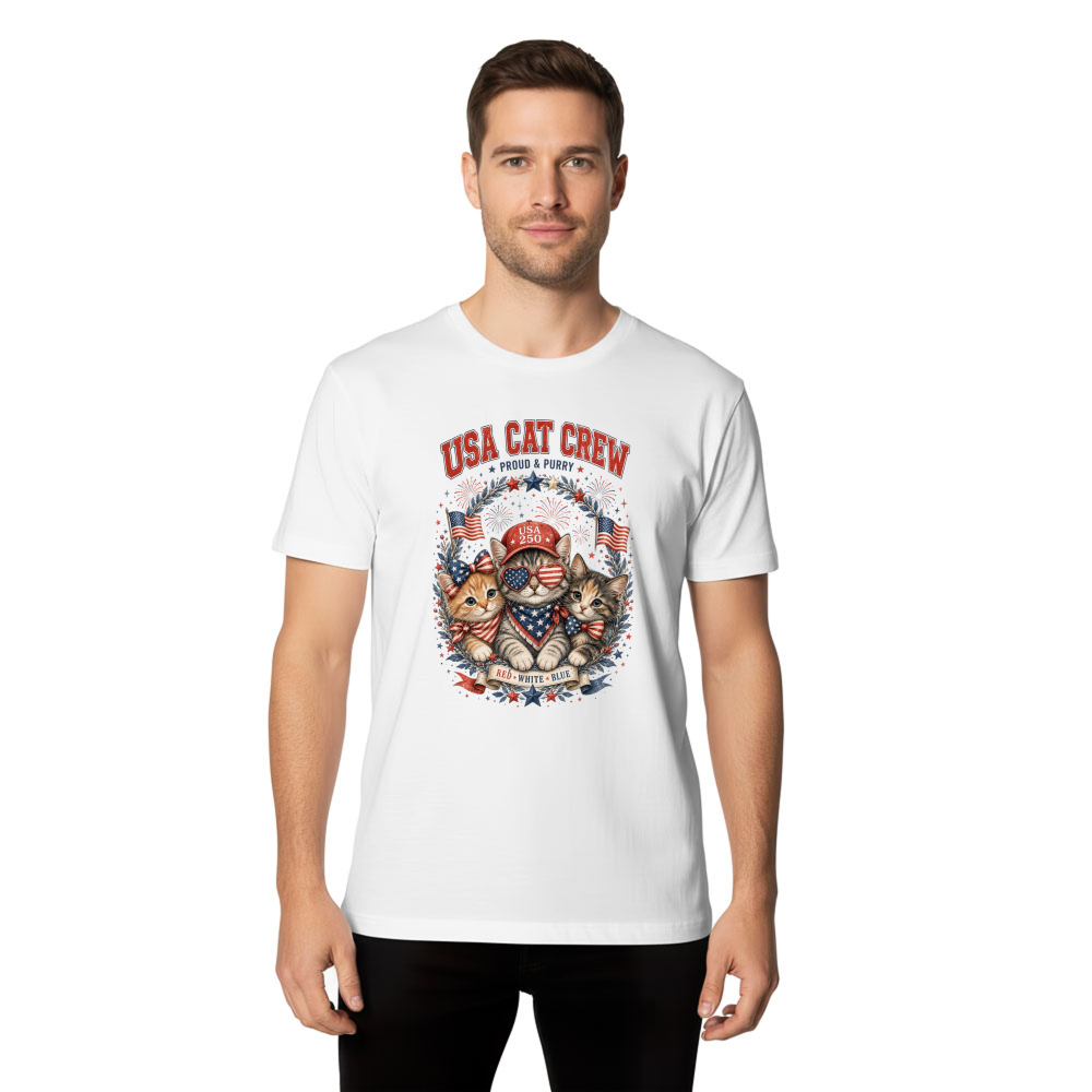 Patriotic Cat Wearing Flag Bandana, July 4th Kitten, USA 250 Anniversary, Fireworks Meowica Cat Lover T-Shirt