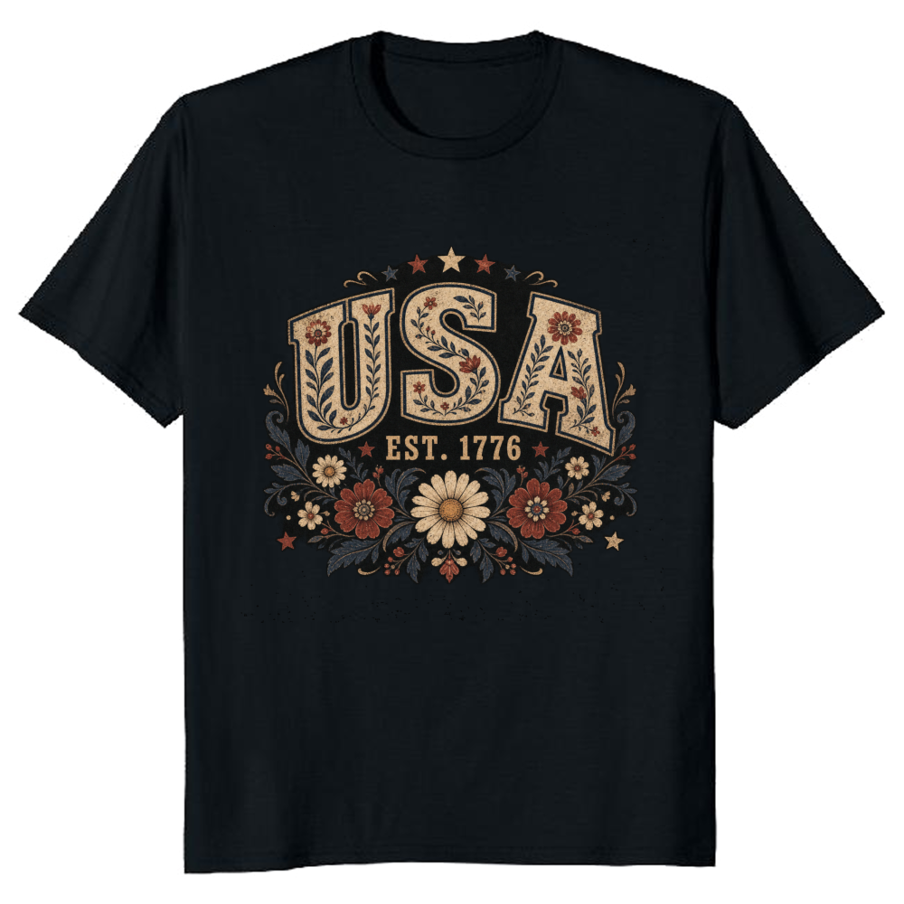 USA Floral Pattern T-Shirt - Patriotic Gift for Flower Lovers