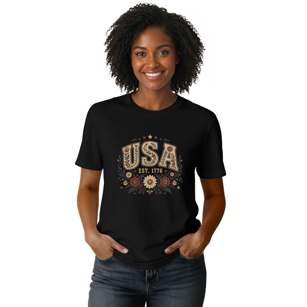 USA Botanical Flower Pattern Graphic T-Shirt
